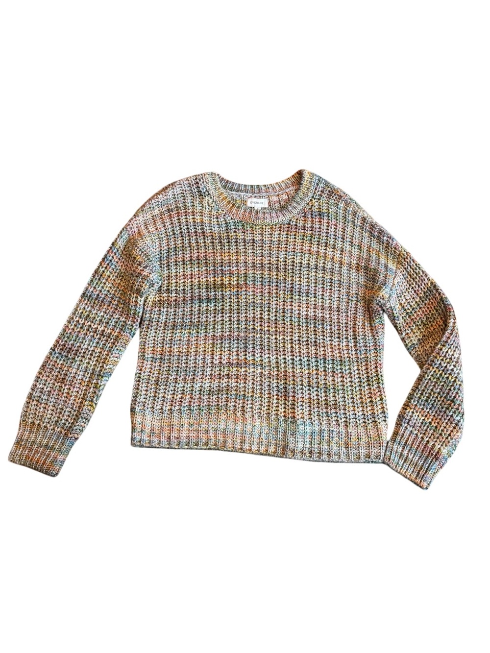 Evereve Colorful Woven Sweater Stretchy Knit Rainbow Crew Neck Size XL Women's